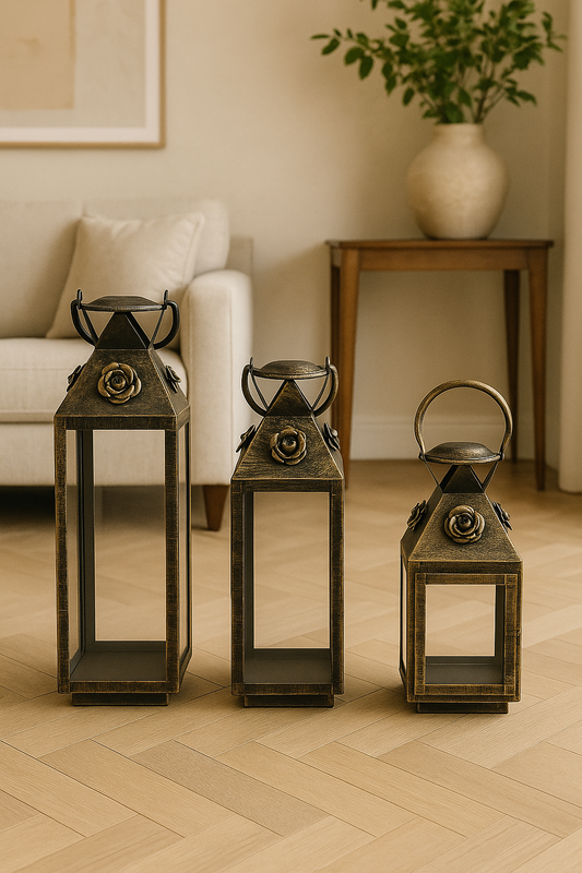JAL+ Antique Brass Lantern Set – Vintage Home Decor (Set of 3)