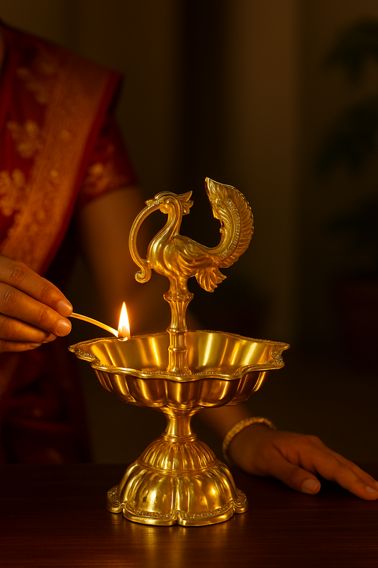 JAL+ Brass Peacock Diya (5-Wick Traditional Oil Lamp)