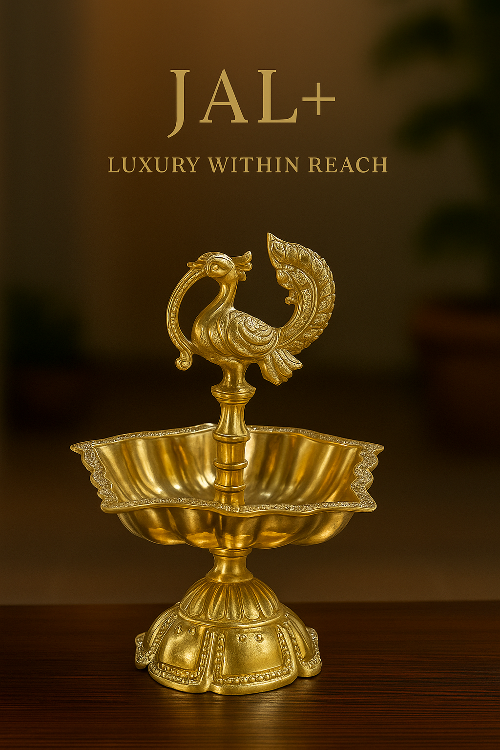 JAL+ Brass Peacock Diya (5-Wick Traditional Oil Lamp)