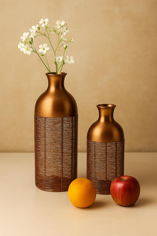 JAL+ Decorative Copper Finish & Wicker Wire Metal Vase Set – Set of 2