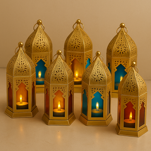 JAL+ Moroccan Gold Metal Lanterns – Set of 8 Tea Light Candle Holders