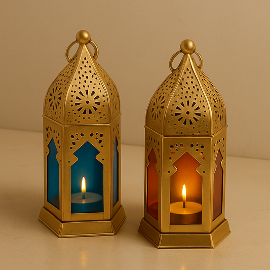 JAL+ Moroccan-Style Gold Metal Lanterns (Set of 2) – Tea Light Candle Holders