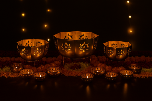 JAL+ 14-Piece Brass Diya & Lotus Bowl Set with Stands – Premium Festive Lighting Décor