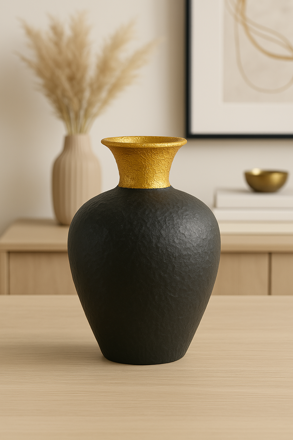 JAL+ Ebony Gold Luxe Metal Vase – Black & Gold Textured Finish