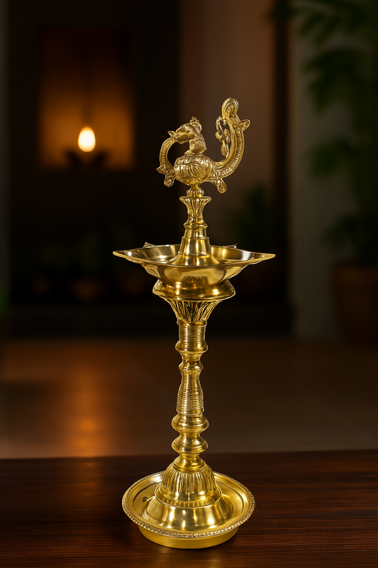 JAL+ Traditional Handcrafted Brass Peacock Oil Lamp – 5 Wick Deepam for Pooja & Decor (12 Inch)