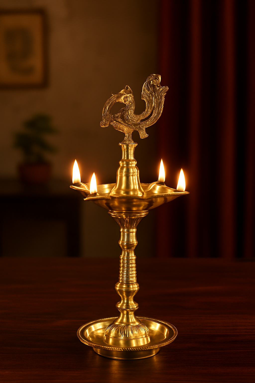 JAL+ Traditional Handcrafted Brass Peacock Oil Lamp – 5 Wick Deepam for Pooja & Decor (12 Inch)