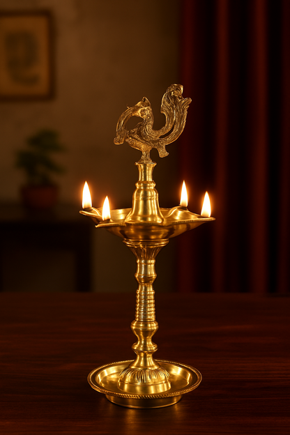 JAL+ Traditional Handcrafted Brass Peacock Oil Lamp – 5 Wick Deepam for Pooja & Decor (12 Inch)