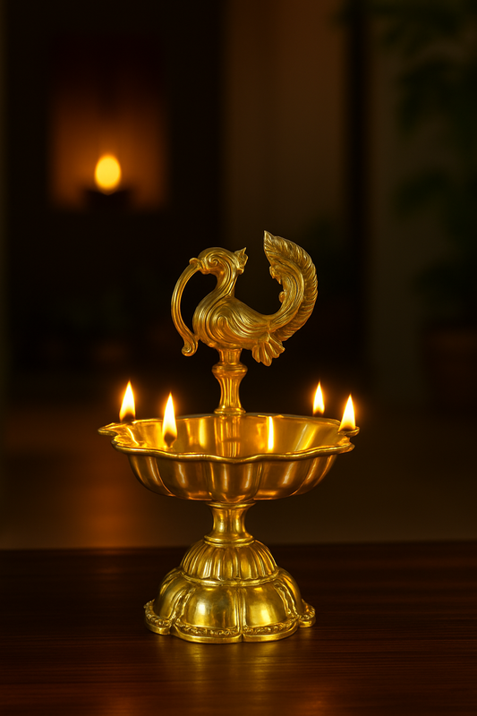 JAL+ Brass Peacock Diya (5-Wick Traditional Oil Lamp)