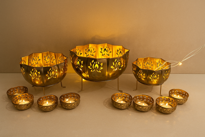 JAL+ 14-Piece Brass Diya & Lotus Bowl Set with Stands – Premium Festive Lighting Décor