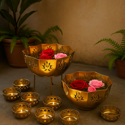 JAL+ 14-Piece Brass Diya & Lotus Bowl Set with Stands – Premium Festive Lighting Décor